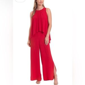 London Times Jewel Neck High-Low Popover Jumpsuit